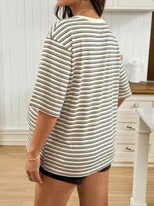 SHEIN Áo thun ngắn tay cổ tròn kẻ sọc dáng casual dành cho bà bầu, thích hợp mặc mùa hè. - Nhiều màu - Xem 2