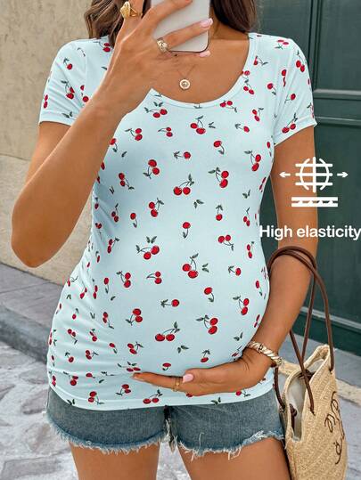 SHEIN Áo thun ngắn tay cổ tròn in hình quả anh đào dành cho bà bầu, kiểu dáng thường ngày, thích hợp cho mùa hè.