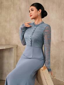 Graceveil Robe longue pour femmes avec col montant, patchwork en dentelle et taille cintrée - Bleu gris - Voir 1