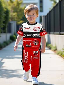 SHEIN Baby Boy Casual Stylish Classic Cool Racing Sports Text Graphic Print Round Neck Short Sleeve T-Shirt And Pants Set, Suitable For Spring/Summer Fall - Multicolor - View 2