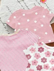 SHEIN LMoss Kids 3件套可爱卡其色碎花、米白色、粉色条纹、粉色圆领短袖基础款T恤，适合日常穿着、居家、度假、搭配，轻松舒适，可叠穿，时尚女孩，休闲装，儿童碎花图案服装，时尚秋季，时尚冬季，新款，清凉舒适 - 彩色 - 查看 6
