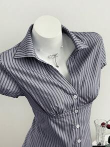 Flirla Women's Striped Collared V-Neck Short Sleeve Blouse, Spring/Summer - Dark Grey - View 4