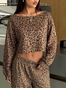 SHEIN EZwear 休闲豹纹短款卫衣，春季豹纹穿搭女装，豹纹套装，流行穿搭女装，热门两件套女装 - 棕色 - 查看 3