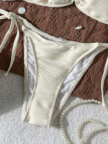Swim Mod Apricot Plain Textured Bikini Set With Spaghetti Strap Top And Tie Side Bottom Women Swimwear - Apricot - View 5