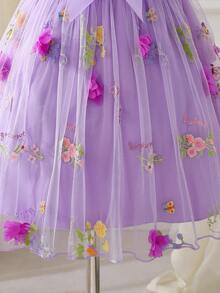 Glamorique Kids 女童浅黄色彼得潘领短袖连衣裙，蕾丝边饰3D立体花朵，光滑缎面宽松A字裙摆，夏季清新甜美公主裙，适合日常出行和生日等场合，亲肤顺滑不闷汗，易穿舒适。 - 紫色 - 查看 7