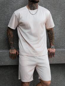 Manfinity CasualCool 男士纹理短袖休闲T恤套装 - 卡其色 - 查看 5
