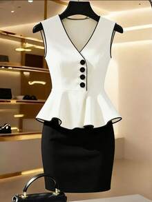 Franclia Women's New V-Neck Sleeveless Asymmetric Button Ruffle Hem Top + Fitted Mini Skirt 2-Piece Set - Black and White - View 1
