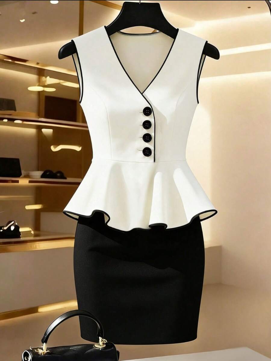 Franclia Women's New V-Neck Sleeveless Asymmetric Button Ruffle Hem Top + Fitted Mini Skirt 2-Piece Set - Black and White - View 1