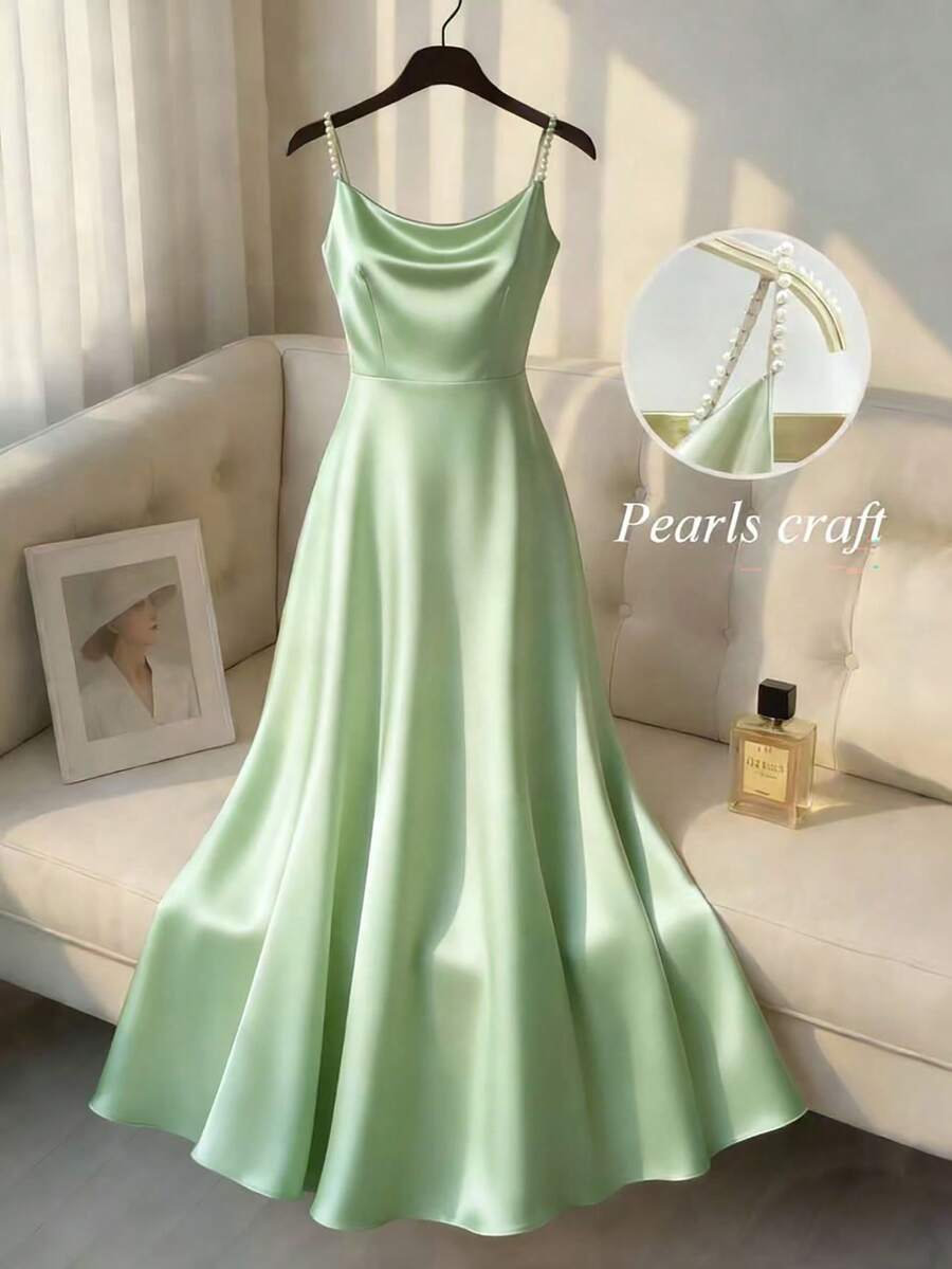 SHEIN Franclia Gaun Terusan Satin Berkilau Elegan untuk Wanita dengan Hiasan Mutiara, Cocok untuk Perjalanan, Pesta, dan Acara. - Mint Green - View 1