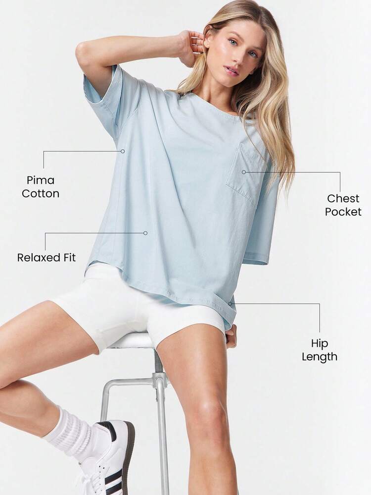 Vintage Washed Pima Cotton Twist Back Ultra-Soft Stretchy Breathable Mid-Length Sleeves Front Pocket Crewneck Tee Low-Impact Daily Casual Wear  Spring Summer