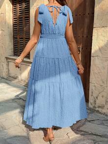 Lyckli Maternity Solid Color Deep V-Neck Ruffle Hem Casual Vacation Dress - Baby Blue - View 2