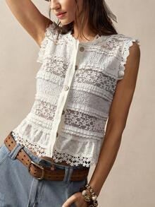 Bohemela Camisa de mujer casual de punto de unicolor con parches de encaje - Albaricoque - Ver 1