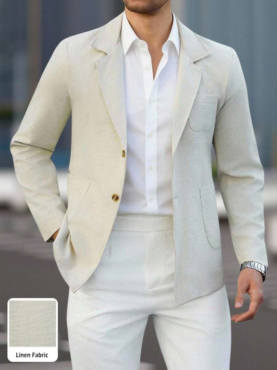 Manfinity Mode Áo blazer nam màu trơn, chất liệu vải giả lanh, thích hợp mặc hàng ngày đi làm, cũng là món quà lý tưởng cho bạn trai hoặc chồng, áo blazer thời trang nam, áo blazer nam thường ngày. - Màu be - Xem 1