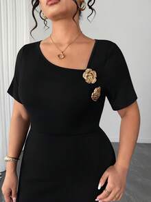 Elenzga Đầm ôm sát tay ngắn xẻ tà, cổ bất đối xứng, thời trang, thanh lịch dành cho nữ - màu đen - Xem 5