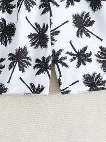 SHEIN Quần bơi trẻ em trai mùa hè, in hình cây dừa, cạp chun, có dây rút. - Đen và trắng - Xem 5