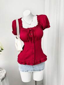 Sweetra Plus Size Women Solid Color Twist Pleated Fitted Casual Blouse - Red - View 4