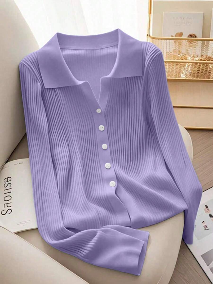 SHEIN Franclia 新款春秋季修身短款法式Polo领时尚百搭女士针织开衫 - 淡紫色 - 查看 1