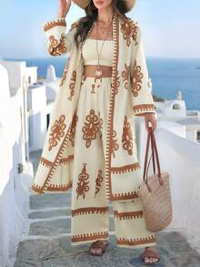 Breezaya Conjunto de 2 piezas de mujer con estampado vintage de otoño - Caqui - Ver 6