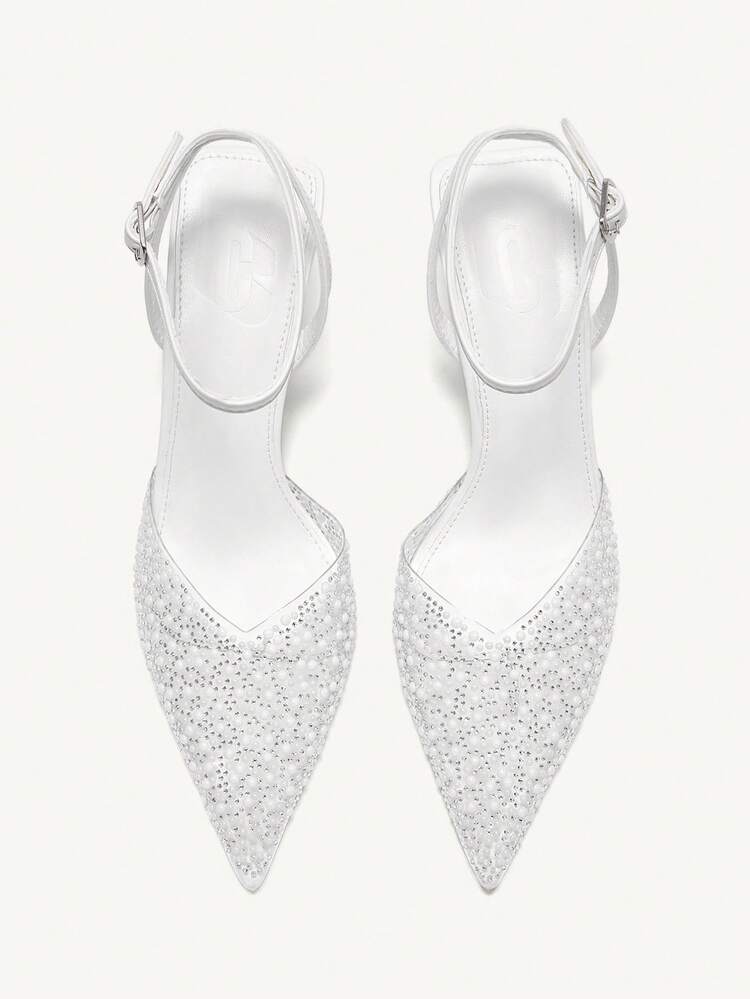CUCCOO CHICEST Pointed Toe Transparent Mule Heels With Faux Pearl & Rhinestone Decor, Sexy & Elegant Slip-On Women Shoes For Christmas Elegant Shoes Wedding Shoes Summer Shoes Bride Shoes