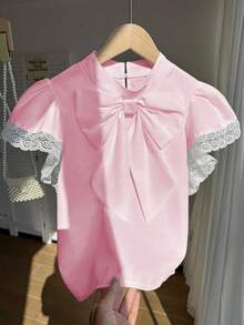 Tween Girls Elegant Contrast Lace Cap Sleeve Bow Decor Blouse, Versatile Princess Style - Pink - View 4
