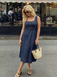 Dripcurv 女士加大码夏季藏蓝色方领连衣裙，夏季连衣裙，度假装，沙滩裙，乡村风连衣裙，蓝色连衣裙，女士度假装。 - 藏蓝色 - 查看 7