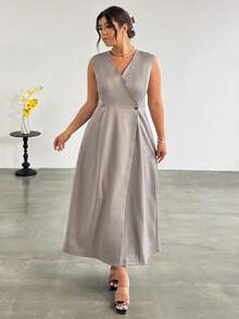 Firerie Plus Size Women's Solid Color V-Neck Sleeveless Casual Dress, Elegant Summer Green Outfits, Classic Formal Wear High Quality Tea Party Brunch Dresses - Khaki - View 5