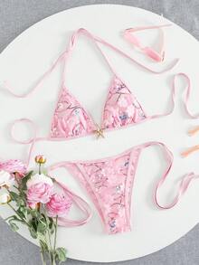 Swim SXY 女士夏季亮片3D花朵和海星饰品挂脖比基尼套装 - 粉色 - 查看 2