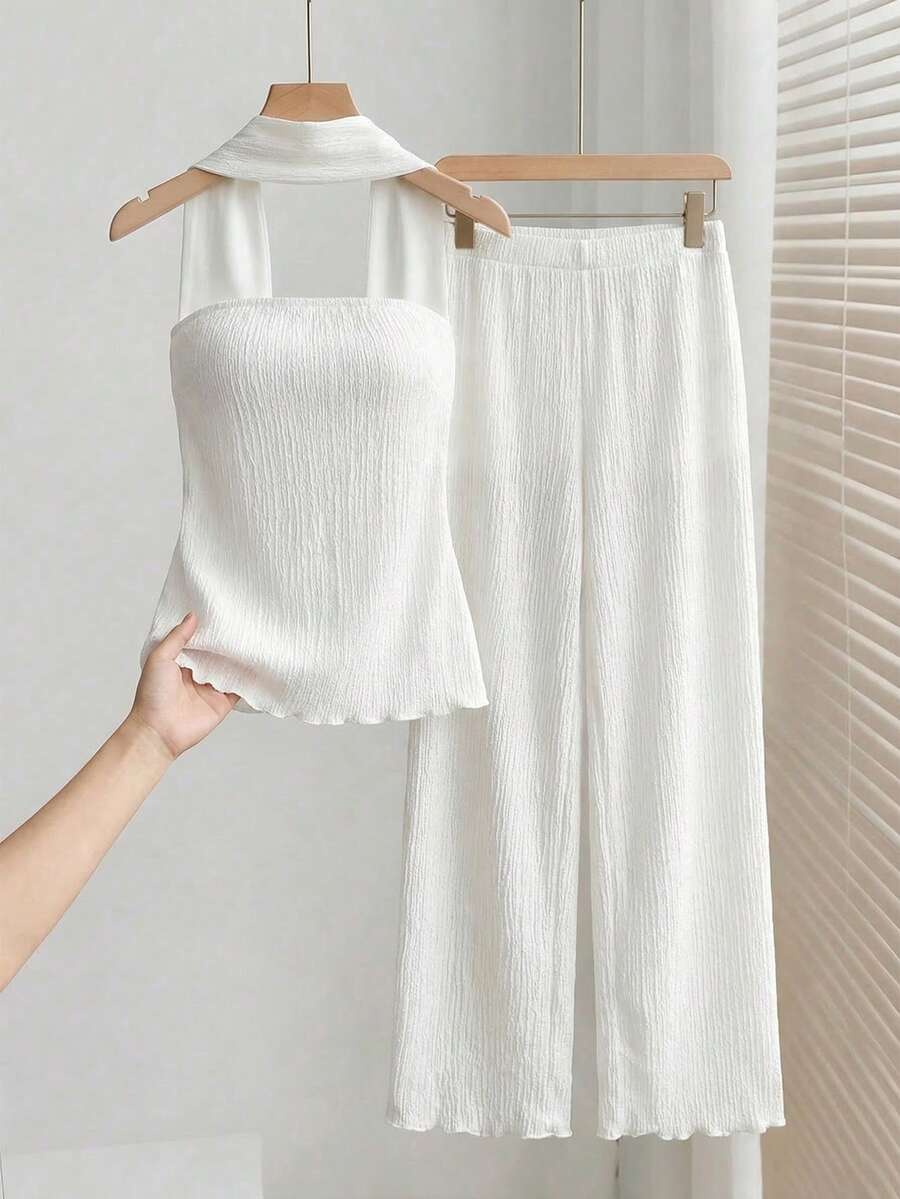 Lymera Conjunto de top bandeau blanco, pantalones holgados y pañuelo de seda suave y cómodo de moda casual para mujer, primavera/verano - Blanco - Ver 1