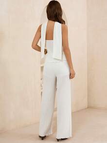 Lymera Conjunto de top bandeau blanco, pantalones holgados y pañuelo de seda suave y cómodo de moda casual para mujer, primavera/verano - Blanco - Ver 2