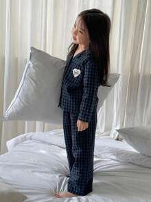 Dazy Kids Girls' Plaid Embroidered Long Sleeve Top And Pants Homewear Set, Young Girl Fall Clothes - Navy Blue - View 3