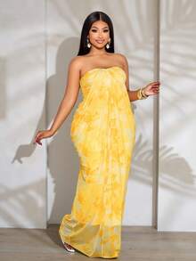 SOLERSUN 女士优雅纯色不对称领侧抽绳褶皱时尚亚麻质感连衣裙 - 黃色 - 查看 1