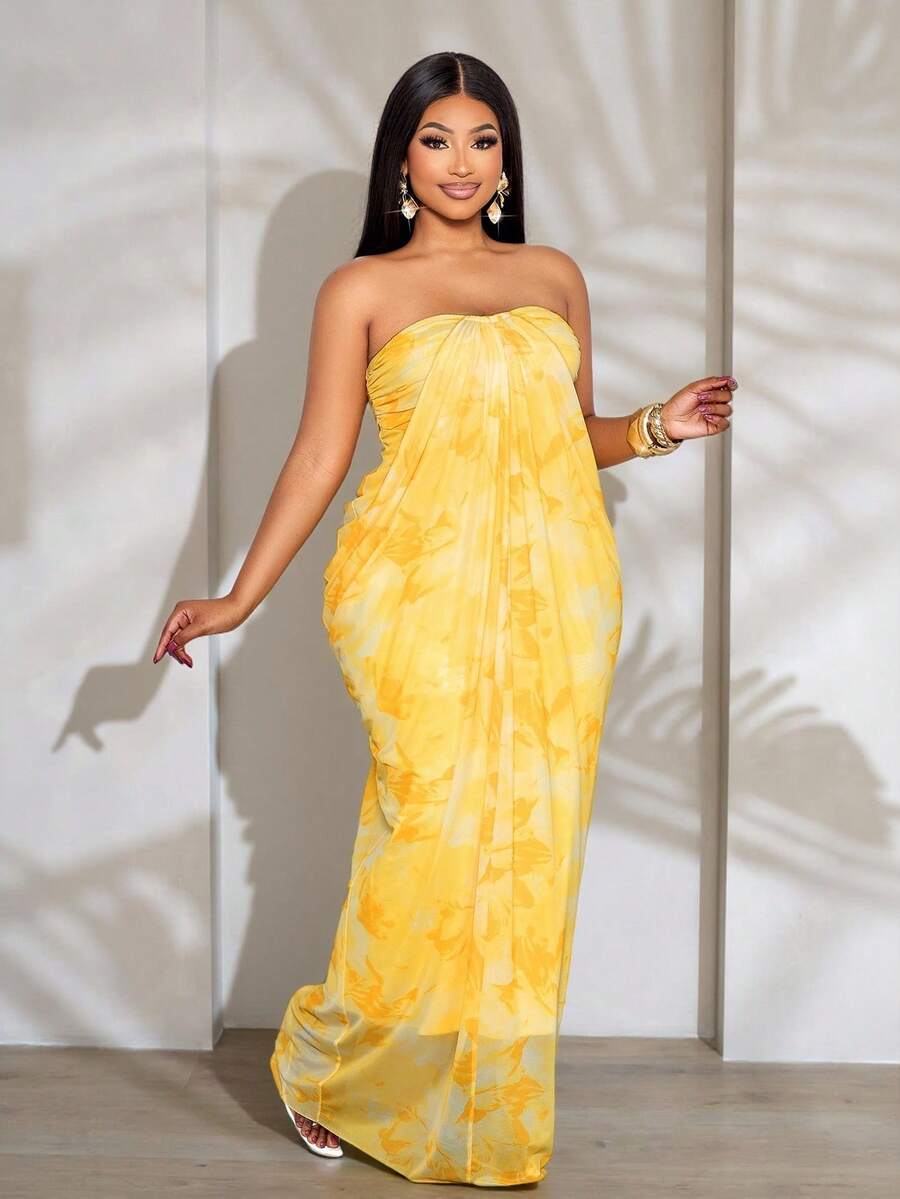 SOLERSUN 女士优雅纯色不对称领侧抽绳褶皱时尚亚麻质感连衣裙 - 黃色 - 查看 1