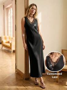 BizChic Lace Patchwork Sleeveless Dress, Elegant French Vintage Business Casual Commute Date Daily Vacation Party Independence Day Graduation Season Music Festival Versatile Summer Wedding Guest Office Outing Beach Gathering Social Holiday Shopping Afternoon Tea Travel Formal Vacation Style Slouchy Luxury Minimalist - Black - View 2