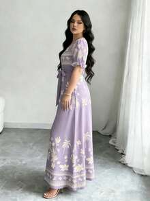 Modelyn Vestido de línea A de manga larga con cuello redondo, con estampado digital de flores y patrón triangular, cintura ceñida, de moda, para primavera - Multicolor - Ver 3