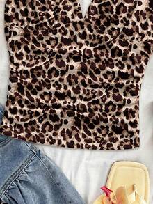 Soleia 女士优雅度假针织面料扭结肩带褶皱复古豹纹修身吊带背心，适合度假、约会、下午茶、海滩、邮轮、城市旅行、海岛度假、音乐节、波西米亚风度假等场合，可内穿或外穿 - 彩色 - 查看 4