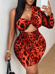 Maweii Plus Size Women Leopard Print Hollow Out Twist Mini Dress - Red - View 1