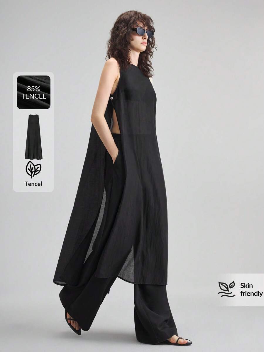 Ontre Bộ trang phục tốt nghiệp 2026SS, hàng mới về năm 2025, quần áo nữ mùa hè, trang phục nữ, áo dài không tay cổ tròn dáng suông, hơi xuyên thấu, cài cúc bên hông, phong cách thành thị, trang phục công sở thường ngày thời trang. - màu đen - Xem 1