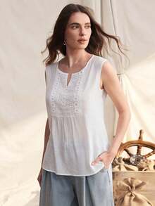 Franclia 波西米亚复古蕾丝拼接无袖上衣，白色蕾丝拼接吊带背心，适合度假和通勤 - 白色 - 查看 5