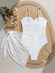 Teen GirlOne-Piece Swimsuit, Wavy Shell Trim & Mesh Skirt, Beach & Pool Casual Vacation, Spring/Summer - White - View 2