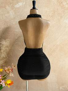 Soleia 女士纯色露背垂褶时尚性感无袖连衣裙 - 黑色 - 查看 2