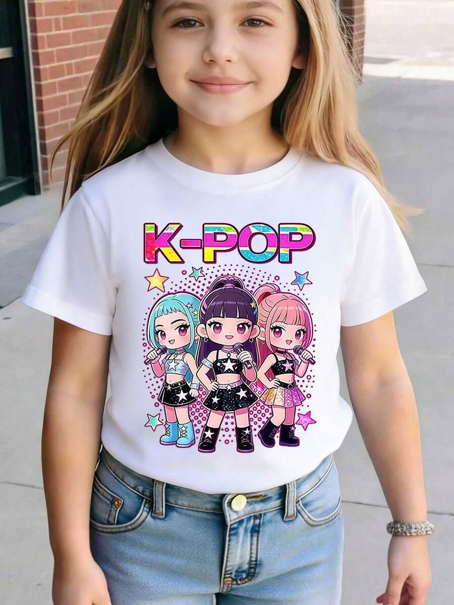 少女可愛卡通K-POP女團圖案印花圓領短袖休閒上衣,適合日常穿著、旅遊或度假,白色夏季上衣 - 白色 - 查看 1