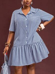 Slaydiva Plus Size Summer Casual Striped Front Button Dress - Royal Blue - View 6