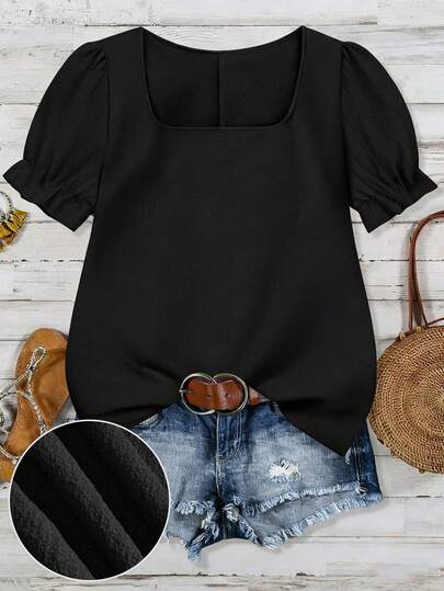 SHEIN VCAY Plus Size Women's Black Casual Shirt, Suitable For Summer, Vacation, Office