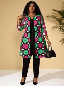 BrightlyHer 大码女式印花拉链休闲百搭冬季外套，适合女士冬季穿着，新年非洲印花外套，情人节、母亲节礼物，亮色沙滩装，春假必备 - 彩色 - 查看 4