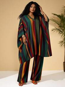 BrightlyHer Plus Size Women Loose V-Neck Patchwork Batwing Sleeve Top And Wide Leg Pants Vacation Outfit Set,Spring/Summer - Multicolor - View 7
