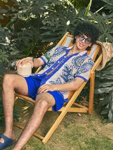 Open Phase 男女通用印花衬衫，黑白几何图案，波西米亚夏威夷风，情侣款，镂空格纹，休闲外向，年轻人款，休闲度假衬衫，情人节礼物，短袖，夏威夷风 - 杏色 - 查看 1