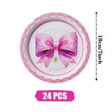 粉色蝴蝶结一次性餐盘、餐巾纸和杯子，派对用品套装，可供 24 人使用，一次性纸质派对餐具，适合生日、婚礼、主题派对和家庭野餐。 - 查看 6