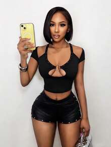 BamGleam Women's Black Sexy T-Shirt With Cutouts On Chest, Waist And Back, Stylish Design Suitable For Daily Wear, Nightclub, Party And Vacation - Black - View 3