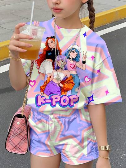 Set de 2 piezas de camiseta gráfica y pantalones cortos con retrato de niña estilo tie-dye, conjunto de camiseta de manga corta de cuello redondo y pantalones cortos cómodos y casuales, adecuado para uso diario en primavera/verano, ropa de casa, ropa deportiva, regreso a casa