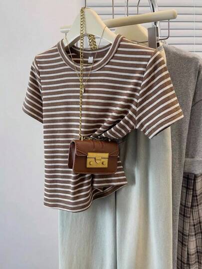 SHEIN Frenchy Women's Striped Crew Neck Short Sleeve Casual Versatile T-Shirt,French Retro Coffee-Colored Striped T-Shirt, Slimming And Versatile Round Neck Short-Sleeved Top, Casual Simple Soft And Glutinous Base Shir, Stripe Top, Spring Outfits For Women, Summer Modest Outfits For Women,Summer Vacation Outfits,Holiday Outfits For Women, Summer Outfits For Women , Spring To Summer